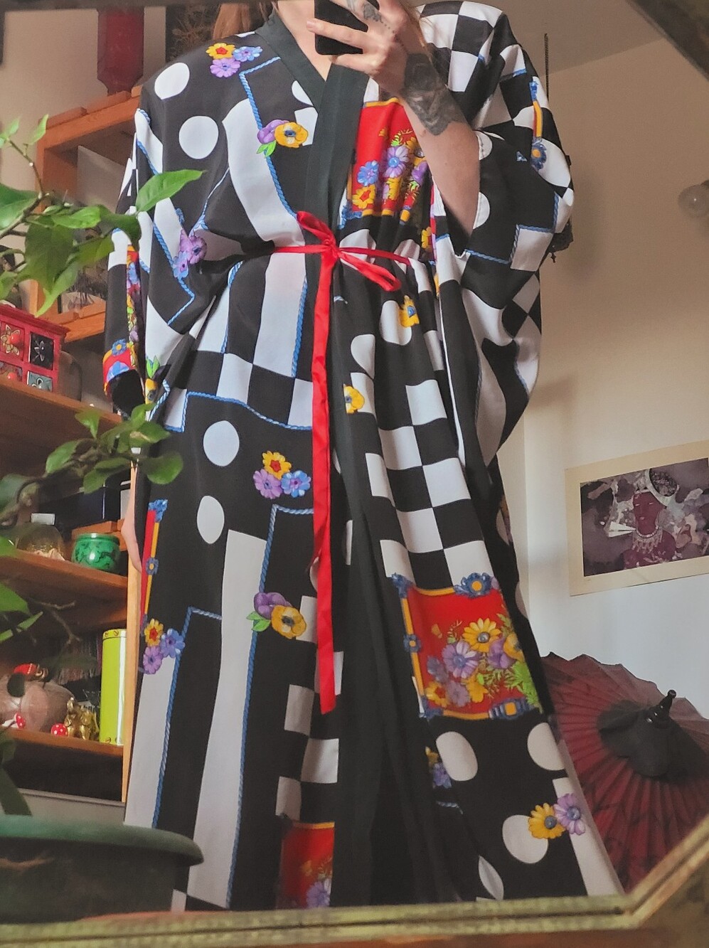 Vintage Black White Red Floral Checkerboard Kimono Robe - Free Size